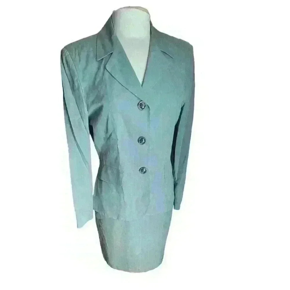 Bocchese Women's Suit Made In Italy 39 Green Silk Blend Blazer Skirt Vintage - Picture 1 of 16